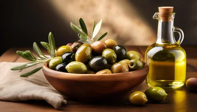 Wooden Bowl Filled With Fresh Olives And Olive Oil