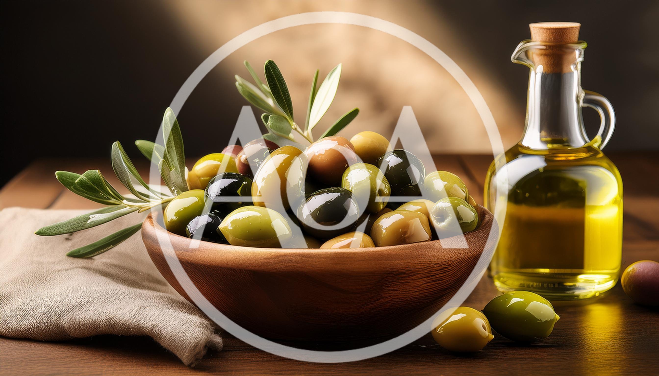 Wooden Bowl Filled With Fresh Olives And Olive Oil