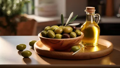 Bowl Of Fresh Green Olives And Olive Oil Bottle