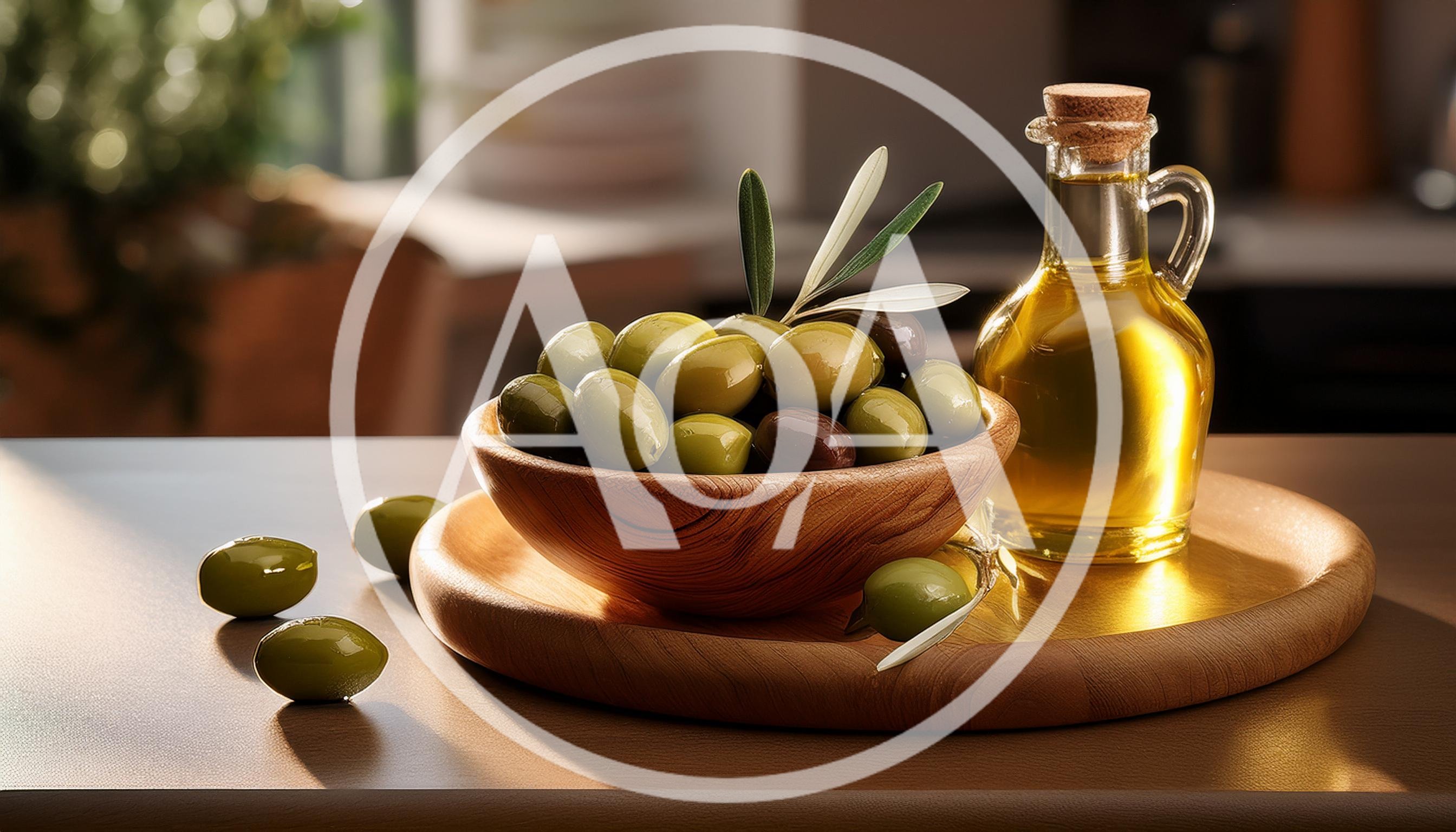 Bowl Of Fresh Green Olives And Olive Oil Bottle