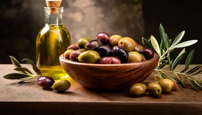 Assorted Olives In A Wooden Bowl With Olive Oil
