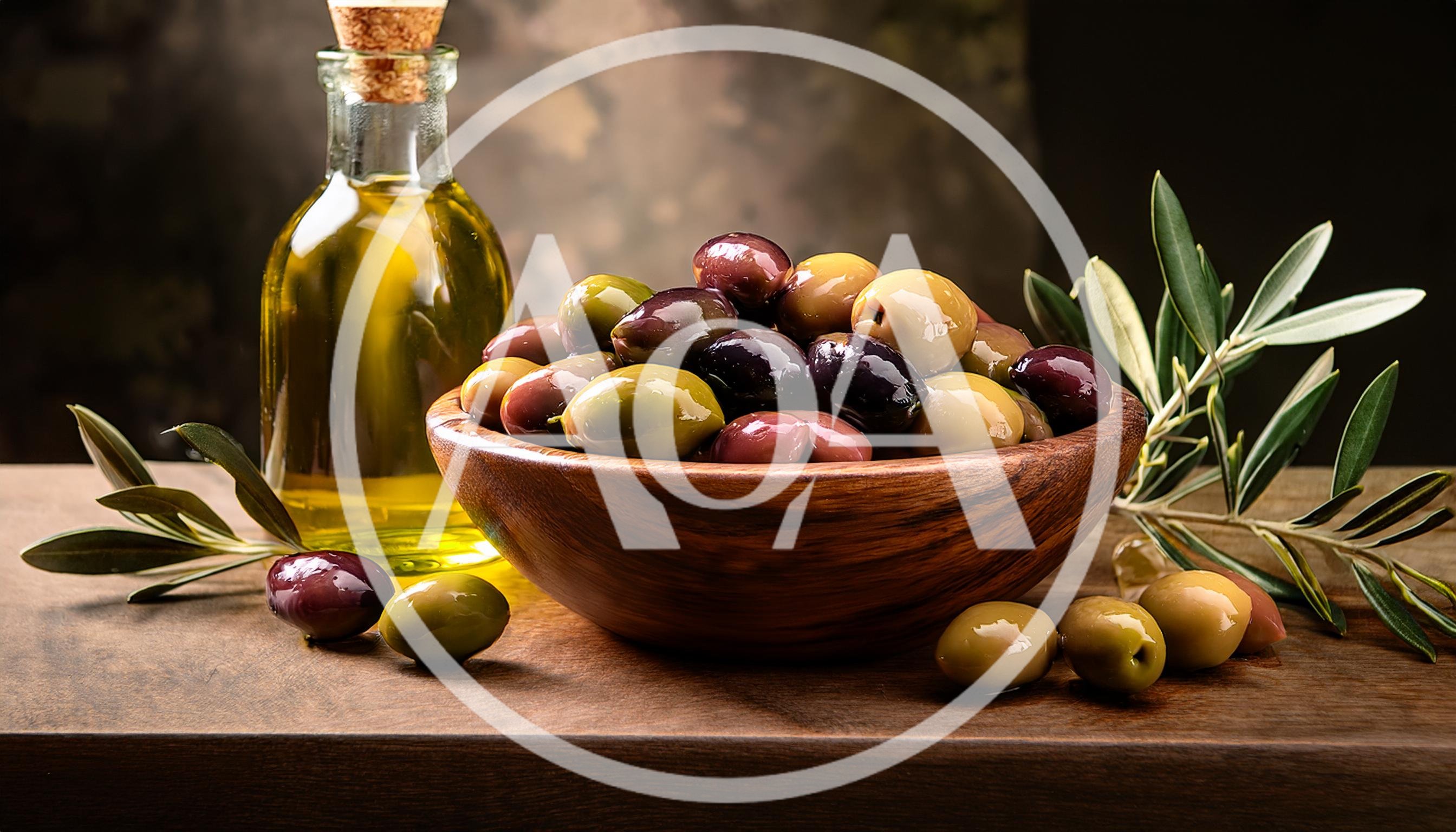 Assorted Olives In A Wooden Bowl With Olive Oil
