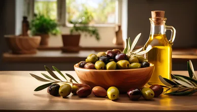Bowl Of Fresh Olives And Olive Oil Bottle