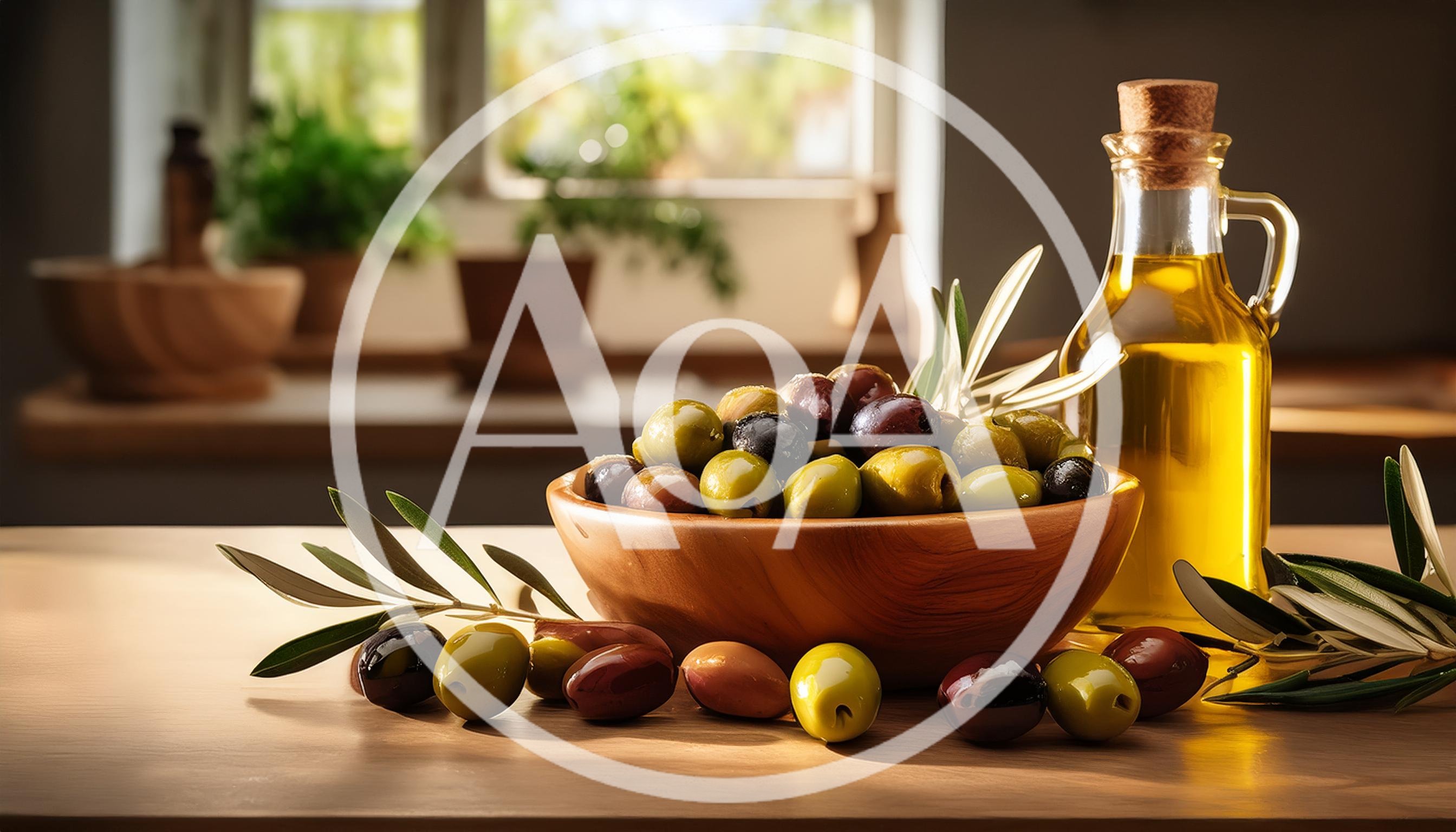 Bowl Of Fresh Olives And Olive Oil Bottle