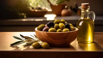 Wooden Bowl Of Fresh Olives And Olive Oil Bottle