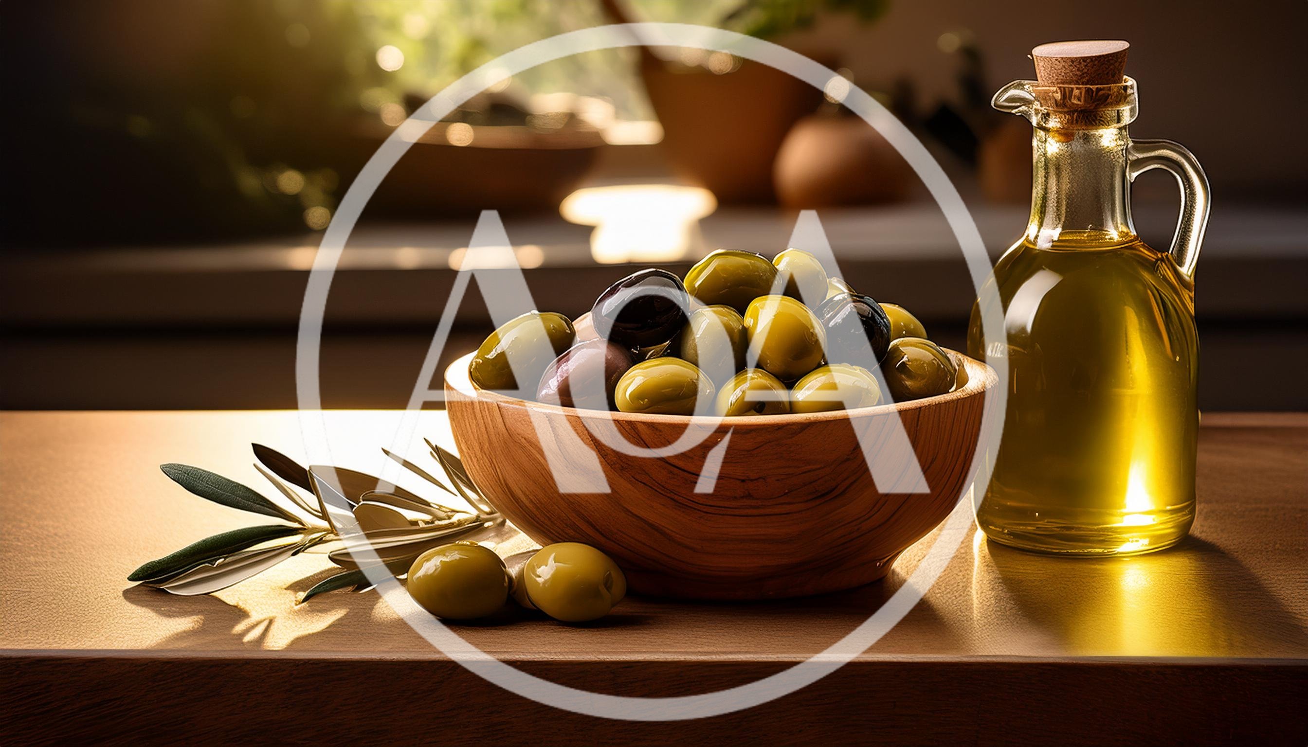 Wooden Bowl Of Fresh Olives And Olive Oil Bottle