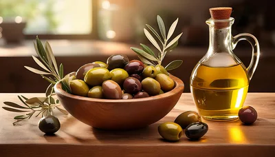 Bowl Of Mixed Olives And Olive Oil Bottle