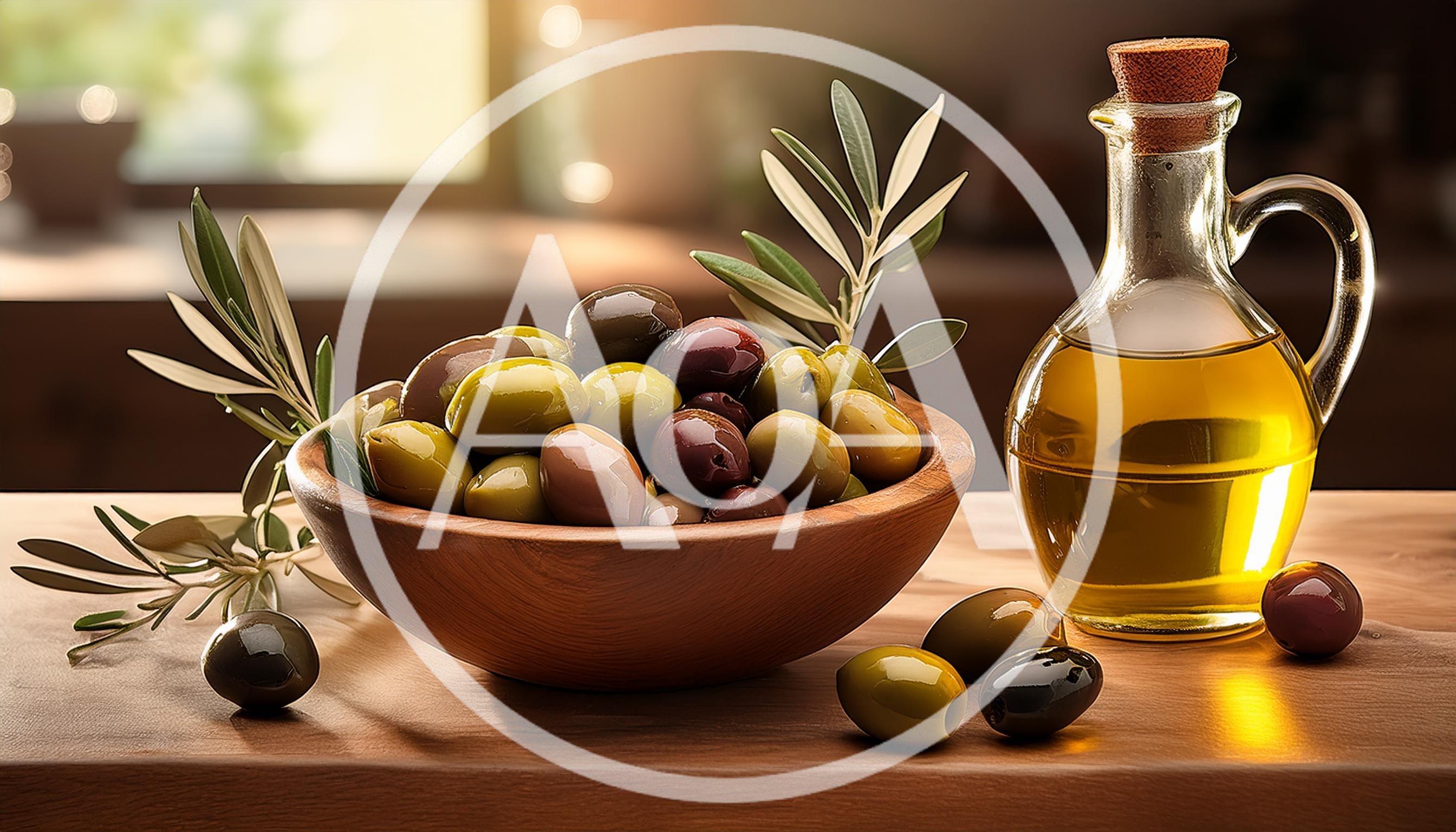 Bowl Of Mixed Olives And Olive Oil Bottle