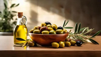 Bowl Of Fresh Olives And Olive Oil Bottle