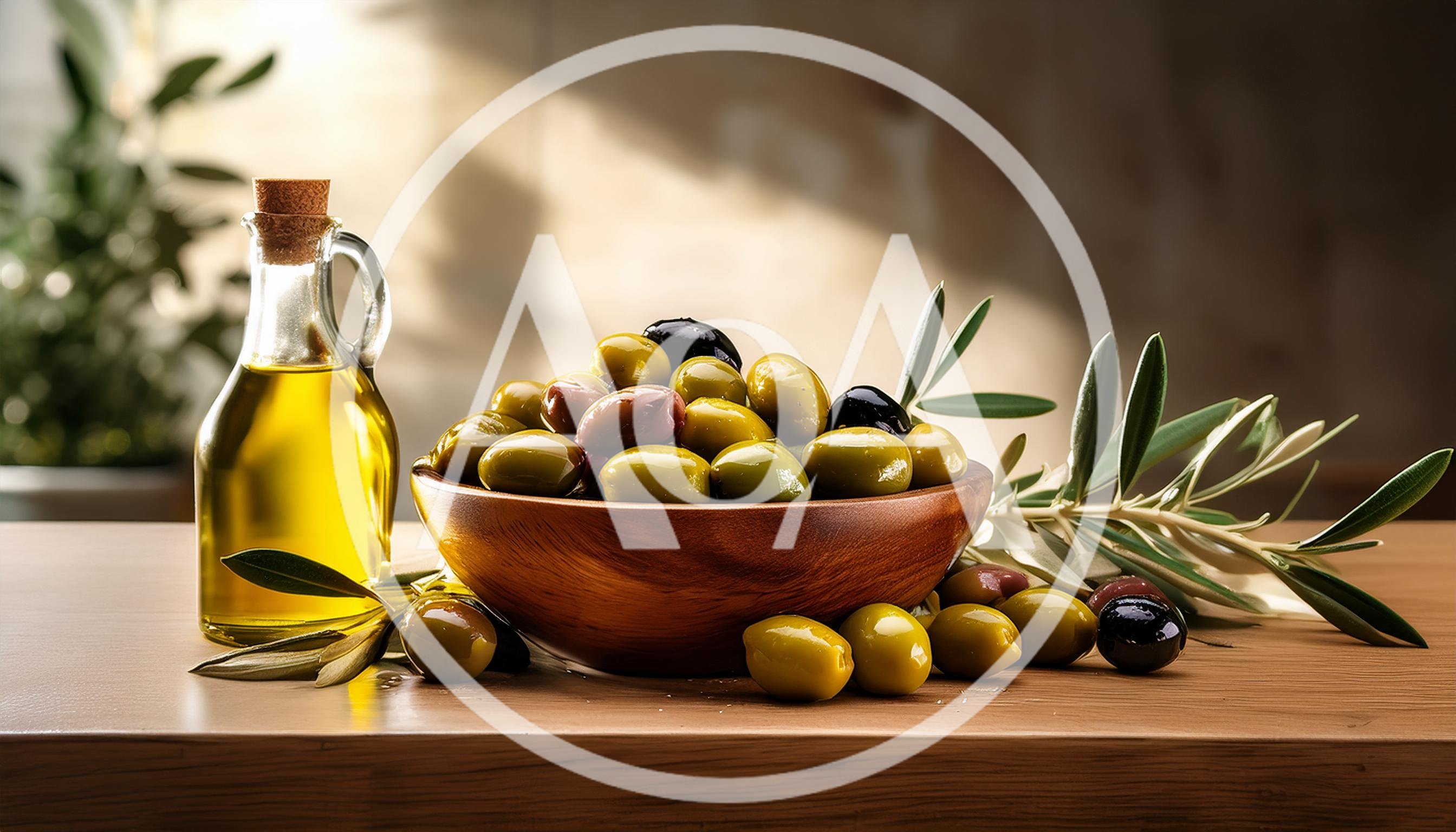 Bowl Of Fresh Olives And Olive Oil Bottle