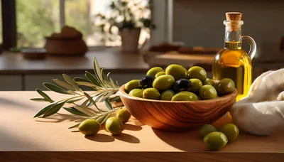 Fresh Green Olives in Wooden Bowl with Olive Oil