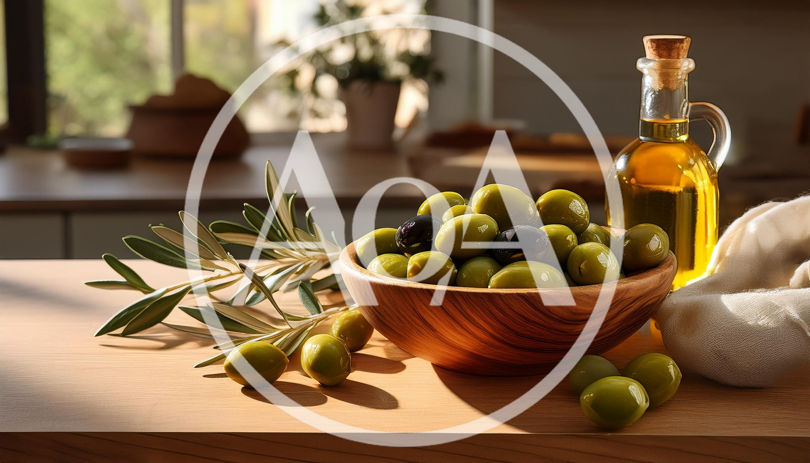 Fresh Green Olives in Wooden Bowl with Olive Oil