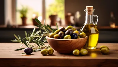 Fresh Olives and Olive Oil on Wooden Table
