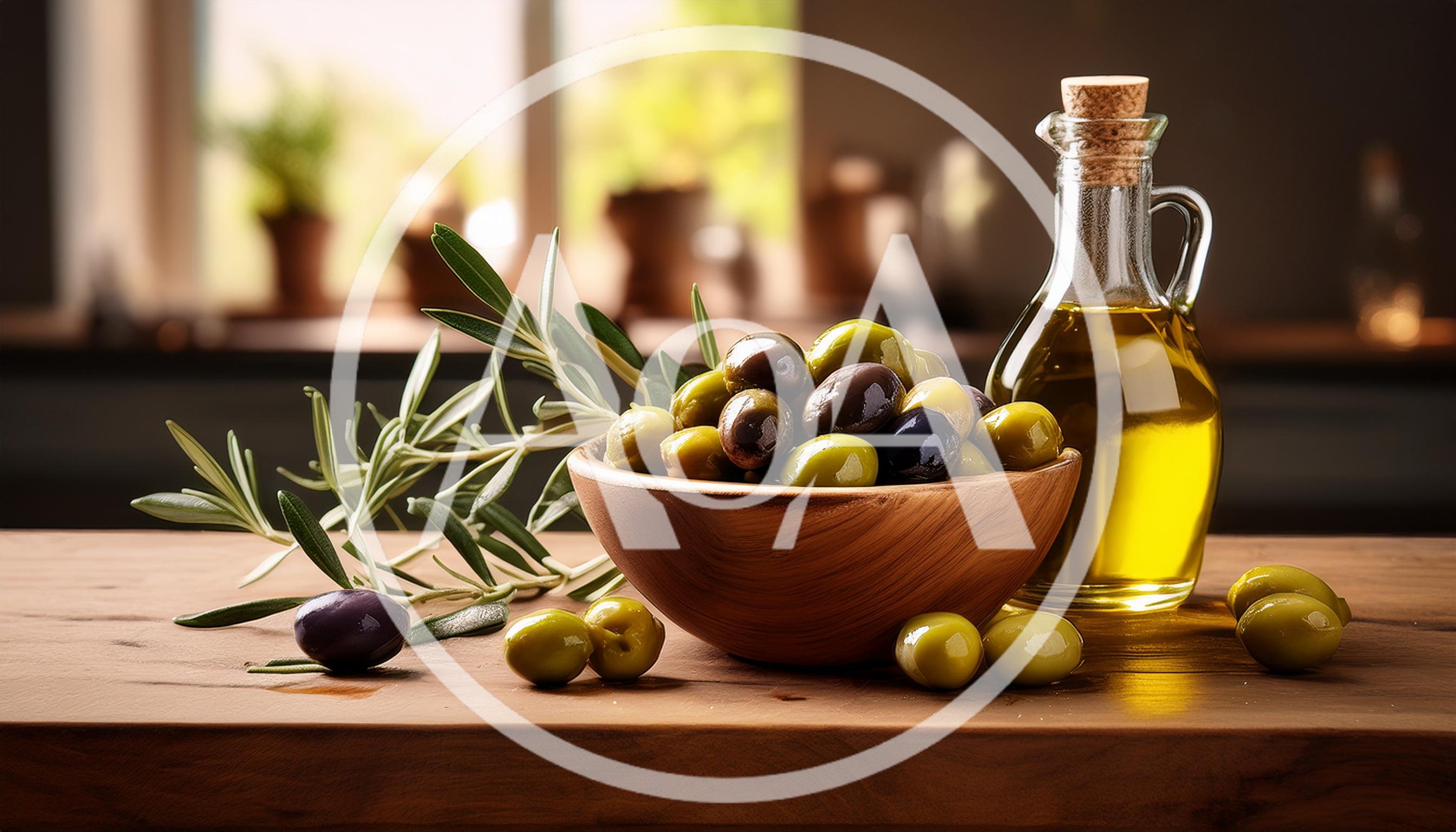 Fresh Olives and Olive Oil on Wooden Table