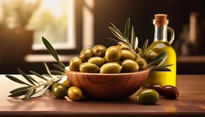 Fresh Green Olives In Wooden Bowl With Olive Oil