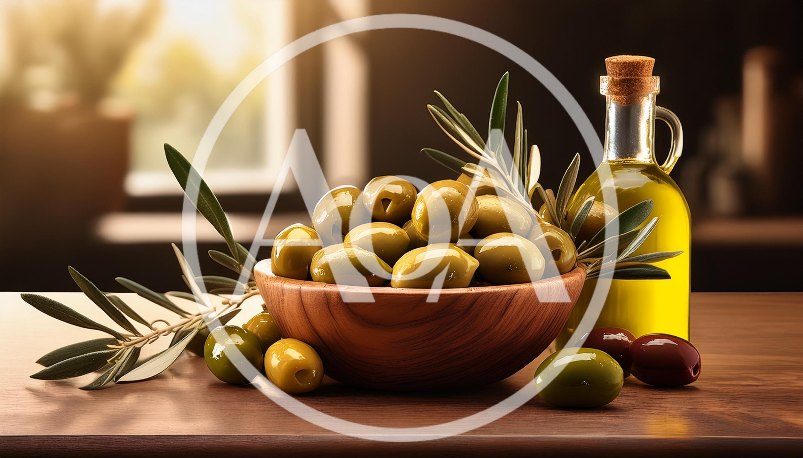 Fresh Green Olives In Wooden Bowl With Olive Oil