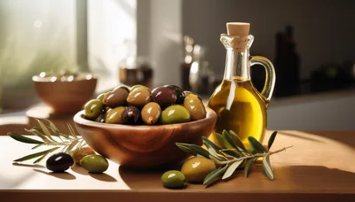 Bowl Of Assorted Olives And Olive Oil Bottle