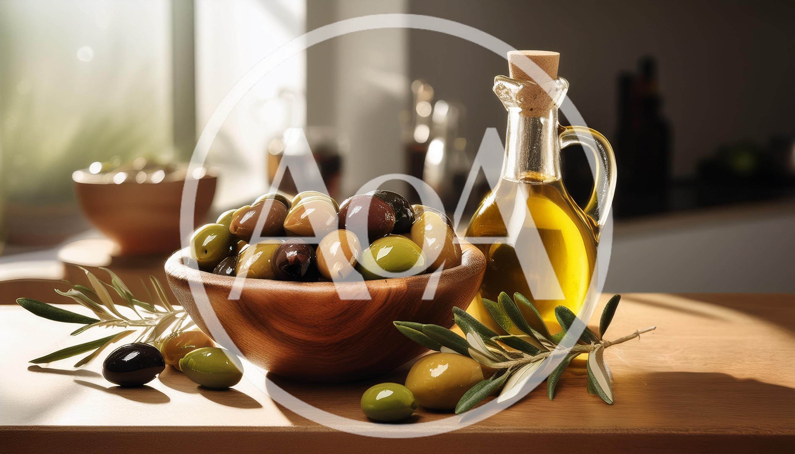 Bowl Of Assorted Olives And Olive Oil Bottle