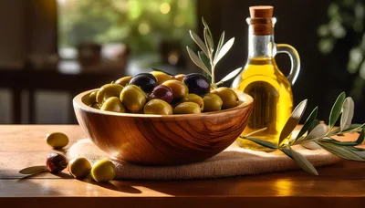 Wooden Bowl Of Fresh Olives And Olive Oil