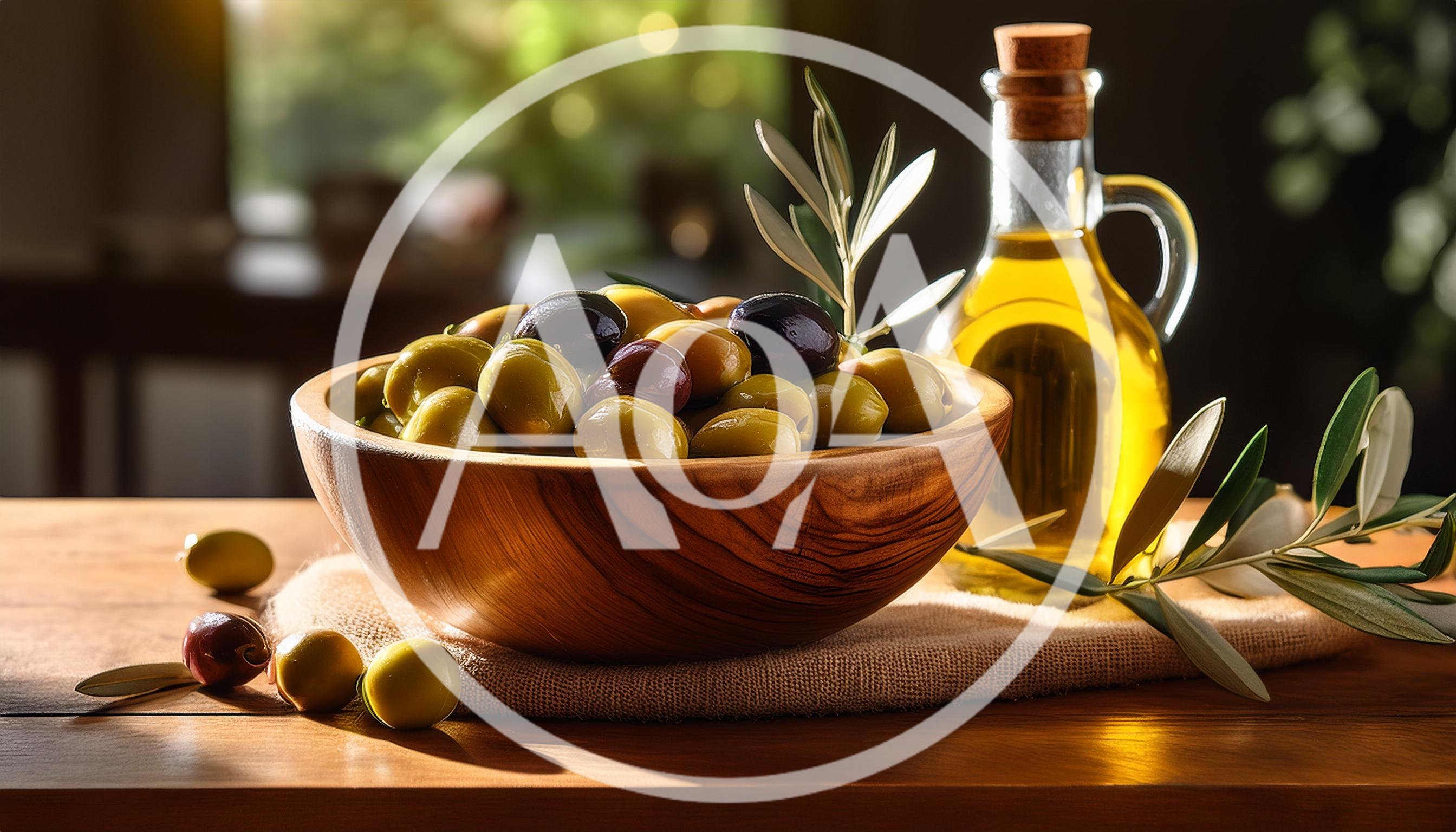 Wooden Bowl Of Fresh Olives And Olive Oil
