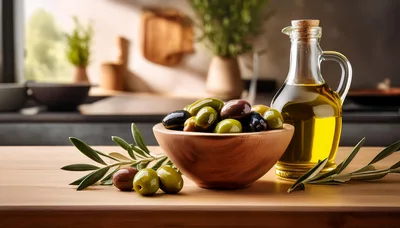 Bowl Of Fresh Olives And Olive Oil Bottle