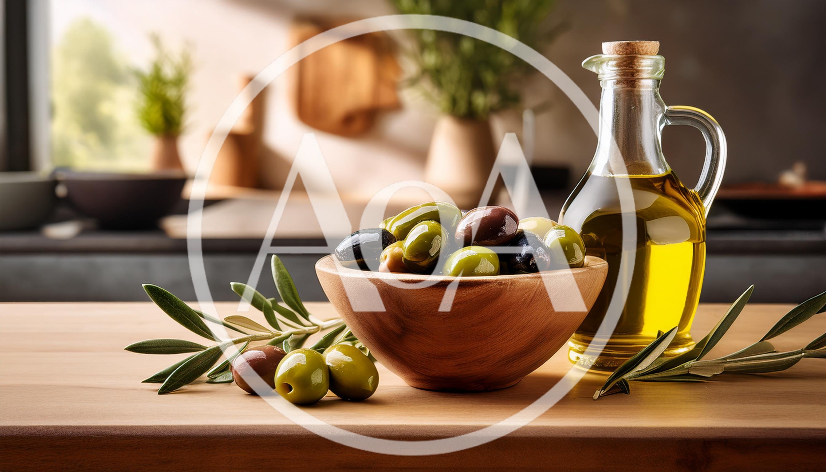 Bowl Of Fresh Olives And Olive Oil Bottle