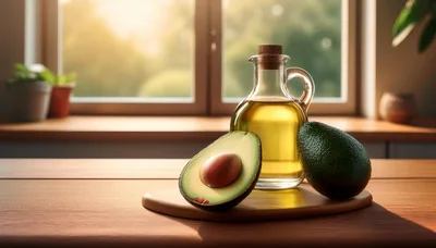 Avocado Oil Bottle With Fresh Avocados On Wooden Table