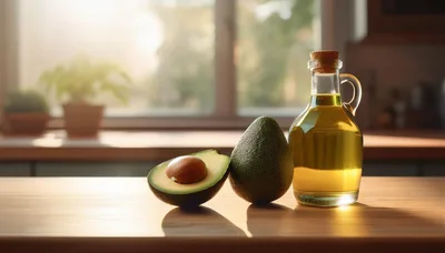 Avocado And Bottle Of Oil On Kitchen Counter
