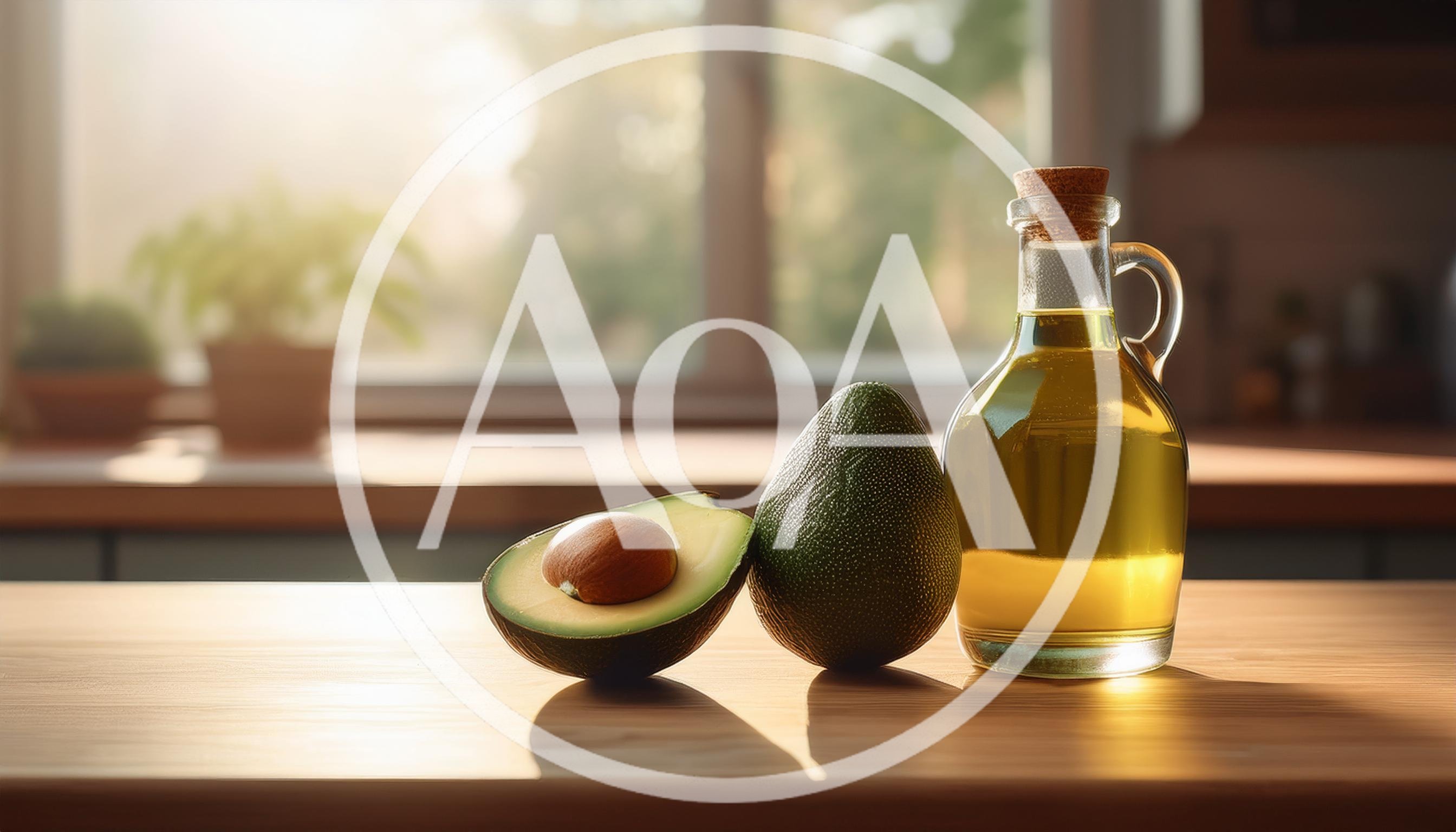 Avocado And Bottle Of Oil On Kitchen Counter