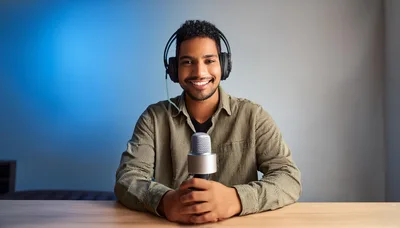 Young Man Hosting A Podcast With Microphone And Headphones