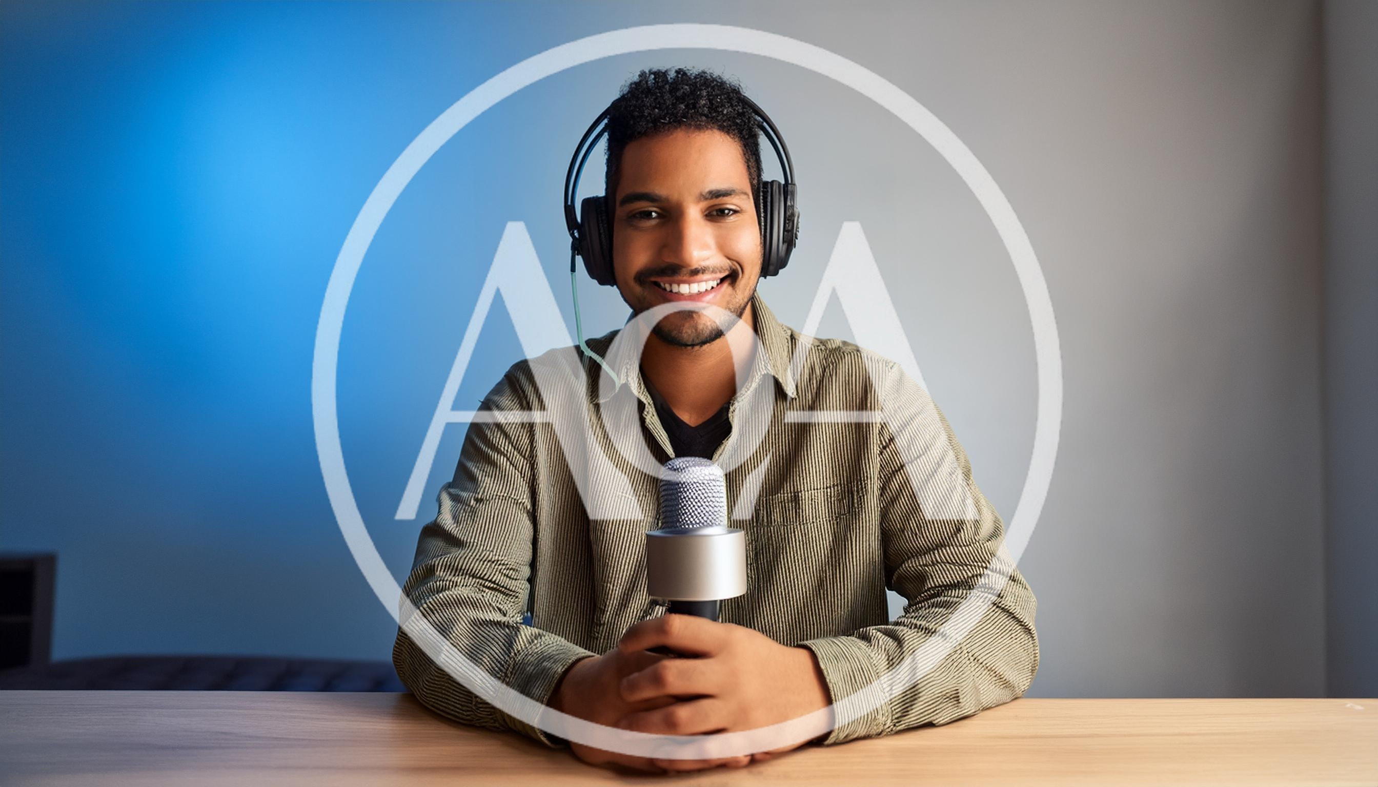 Young Man Hosting A Podcast With Microphone And Headphones