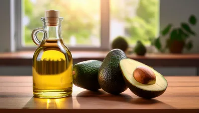 Avocado Oil Bottle With Fresh Avocados On Wooden Table