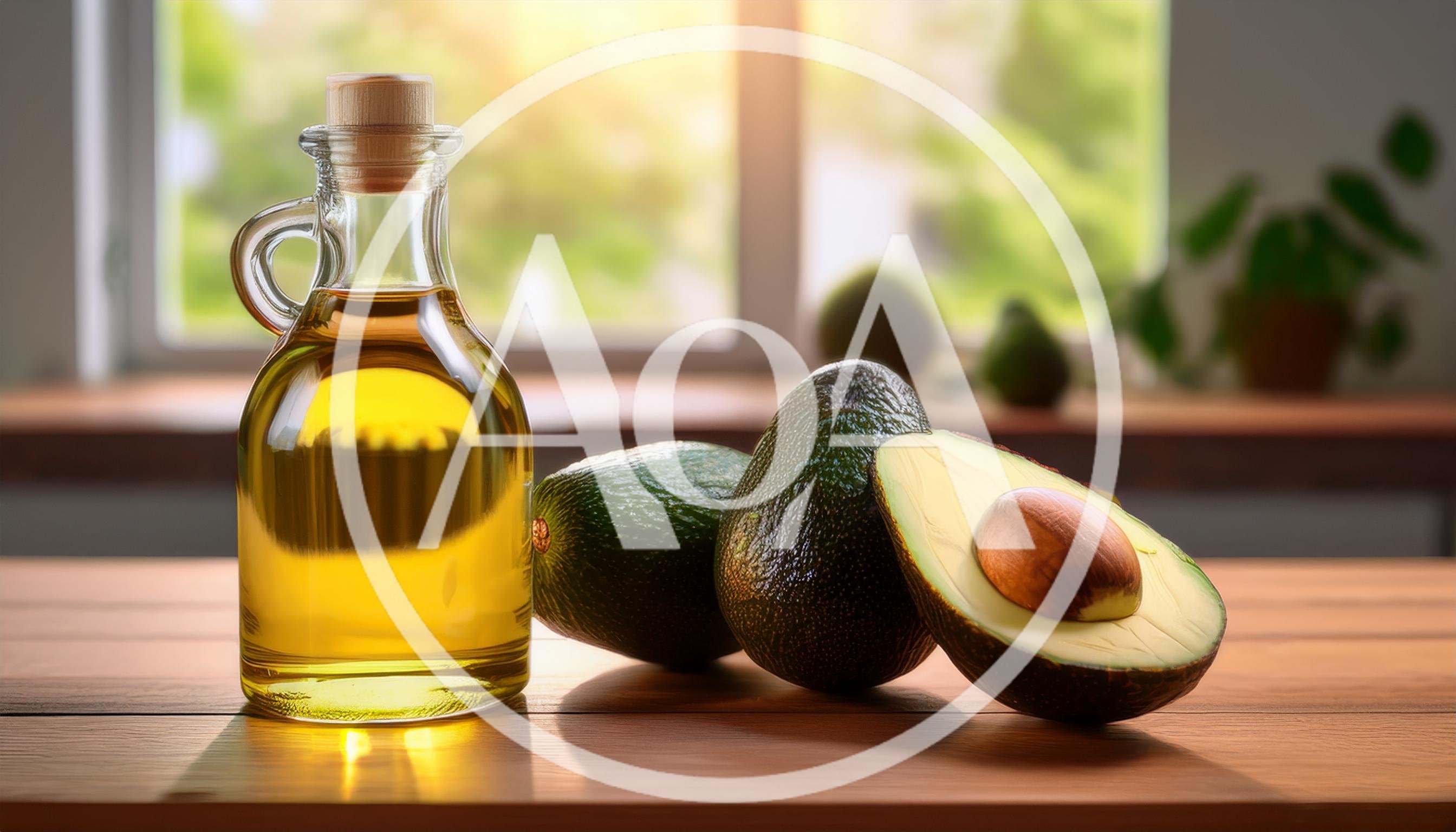 Avocado Oil Bottle With Fresh Avocados On Wooden Table