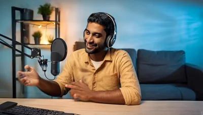 Young Man Recording Podcast In Home Studio