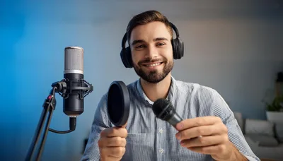 Podcaster Holding Microphone And Pop Filter In Studio