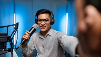Young Man Recording Podcast In Studio