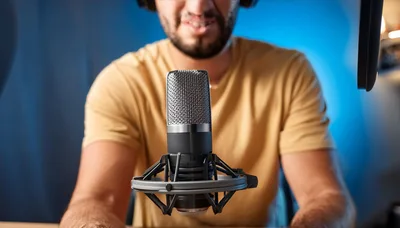 Podcaster Speaking Into A Professional Studio Microphone