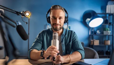 Podcaster Recording Audio Content In Home Studio