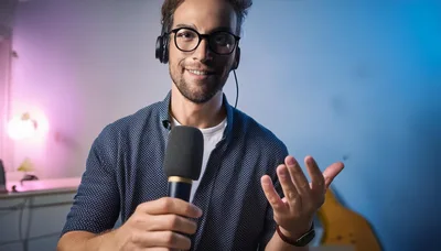 Young Man Hosting A Podcast With Microphone And Headphones