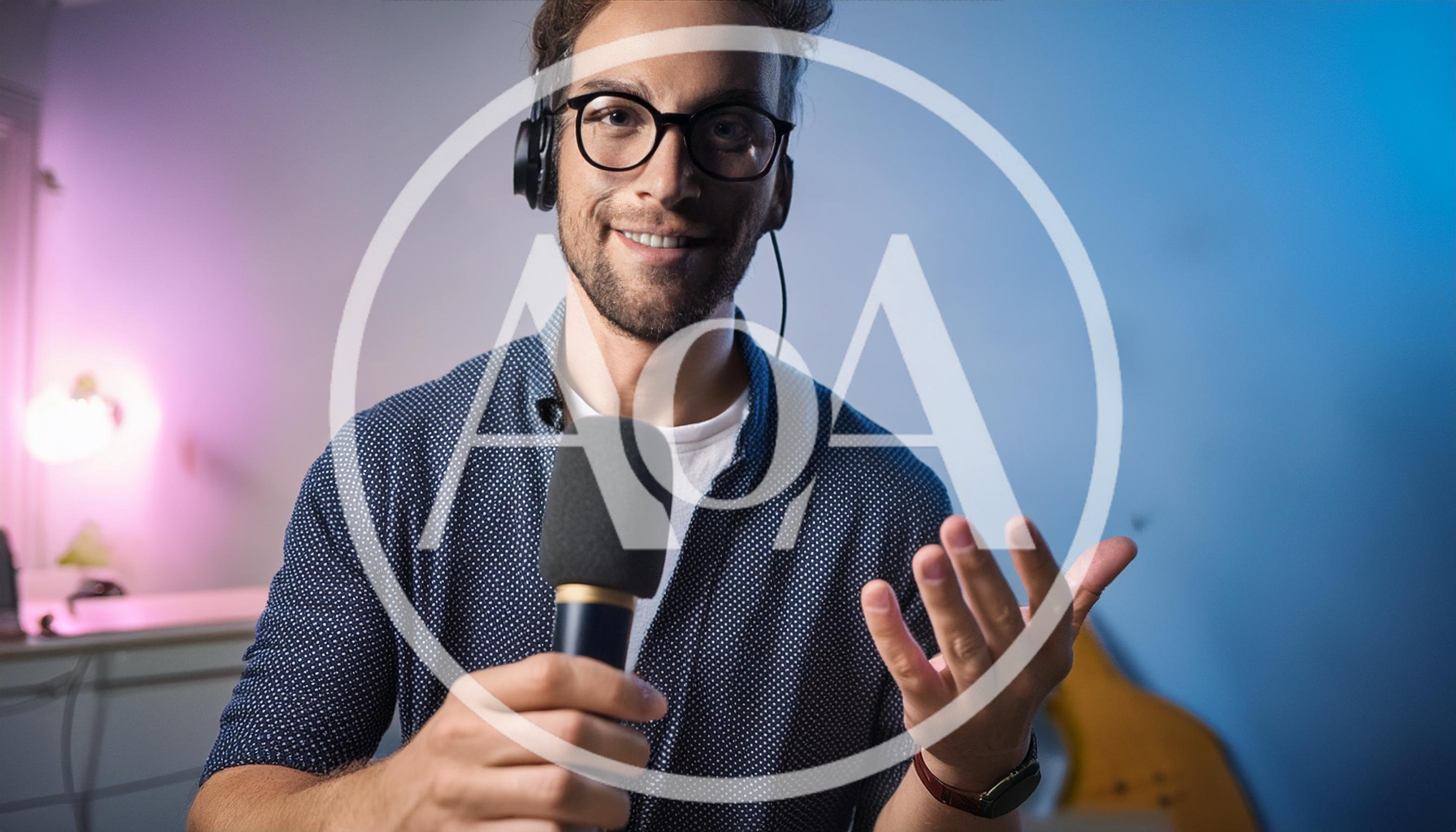 Young Man Hosting A Podcast With Microphone And Headphones