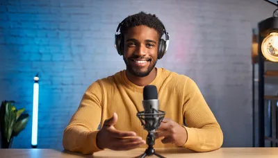 Young Black Man Recording Podcast In Studio