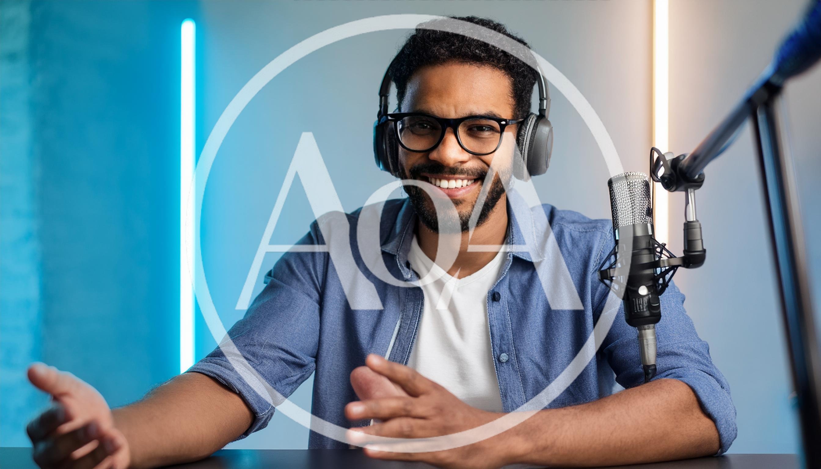 Smiling Podcaster Recording Audio In Studio