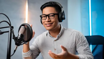 Young Man Recording Podcast In Professional Studio