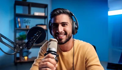 Young Man Recording Podcast In Home Studio