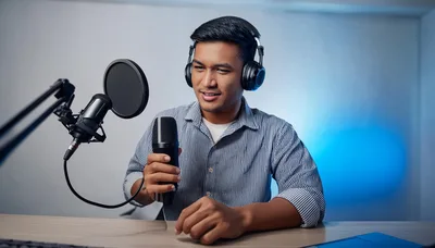Young Man Recording Podcast In Home Studio