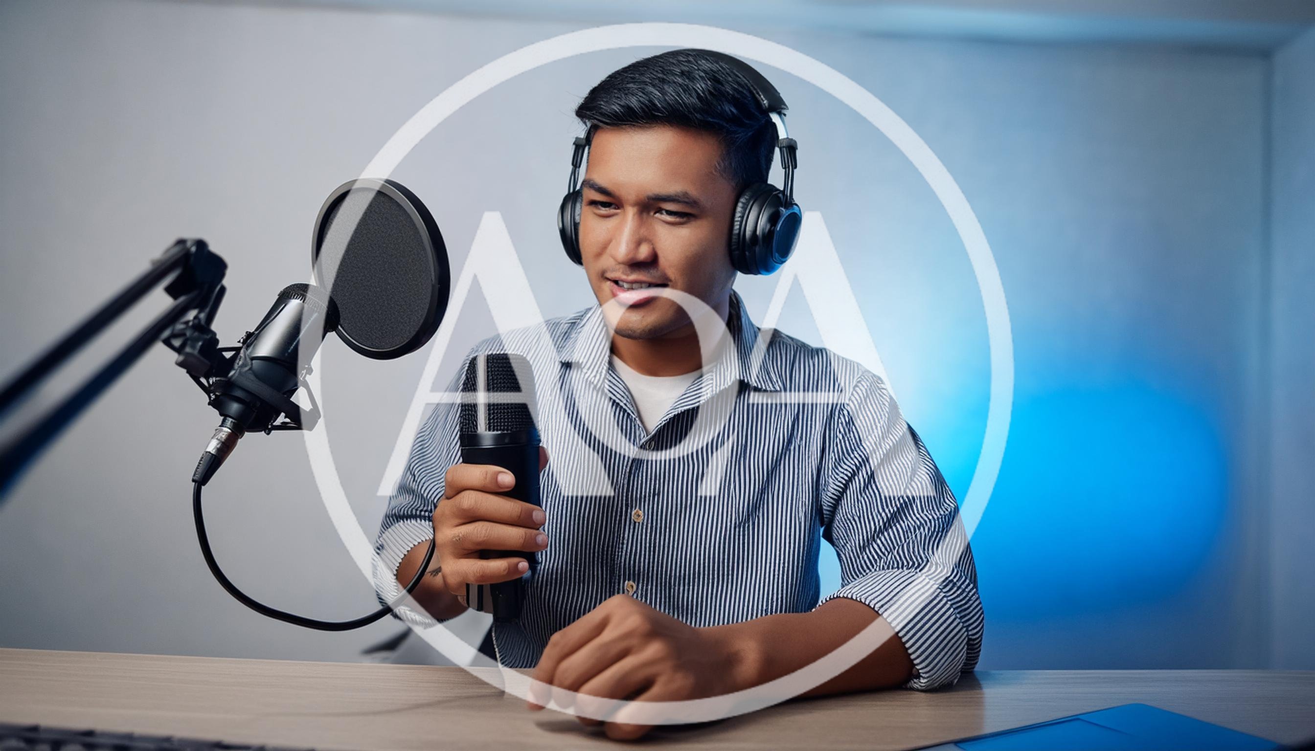 Young Man Recording Podcast In Home Studio