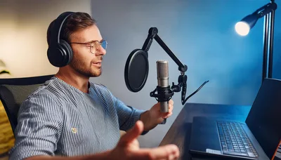Podcaster Recording Audio Content In Home Studio
