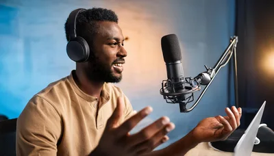 African American Podcaster Recording Audio In Studio