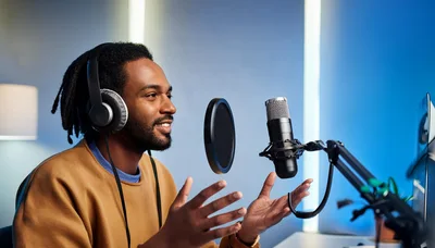 Young Man Recording Podcast In Home Studio