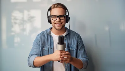 Young Man Wearing Headphones Holding A Microphone